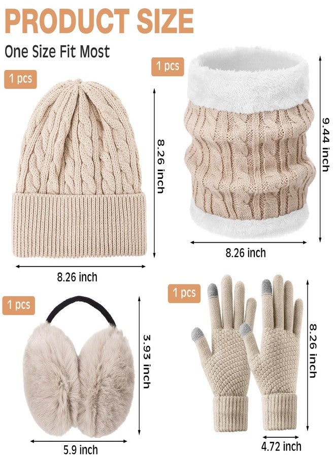 ShinyMatch 4 Pcs Winter Hat Scarf Gloves and Ear Warmers Set, Fleece Lined Knit Hat Scarf Touch Screen Gloves for Women Girl (Beige) - Image 2